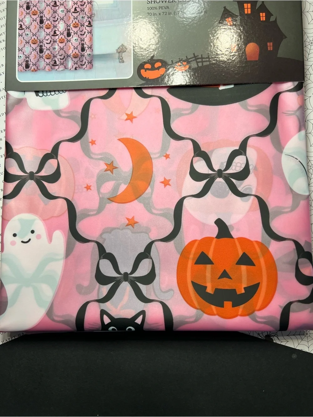 Pink Halloween Peva Shower Curtain Black Ribbon Bows Ghost Pumpkin Cat Witch Hat